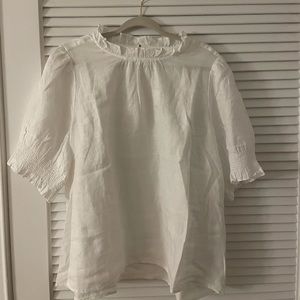 SMOCKED PUFF-SLEEVE LINEN TOP
